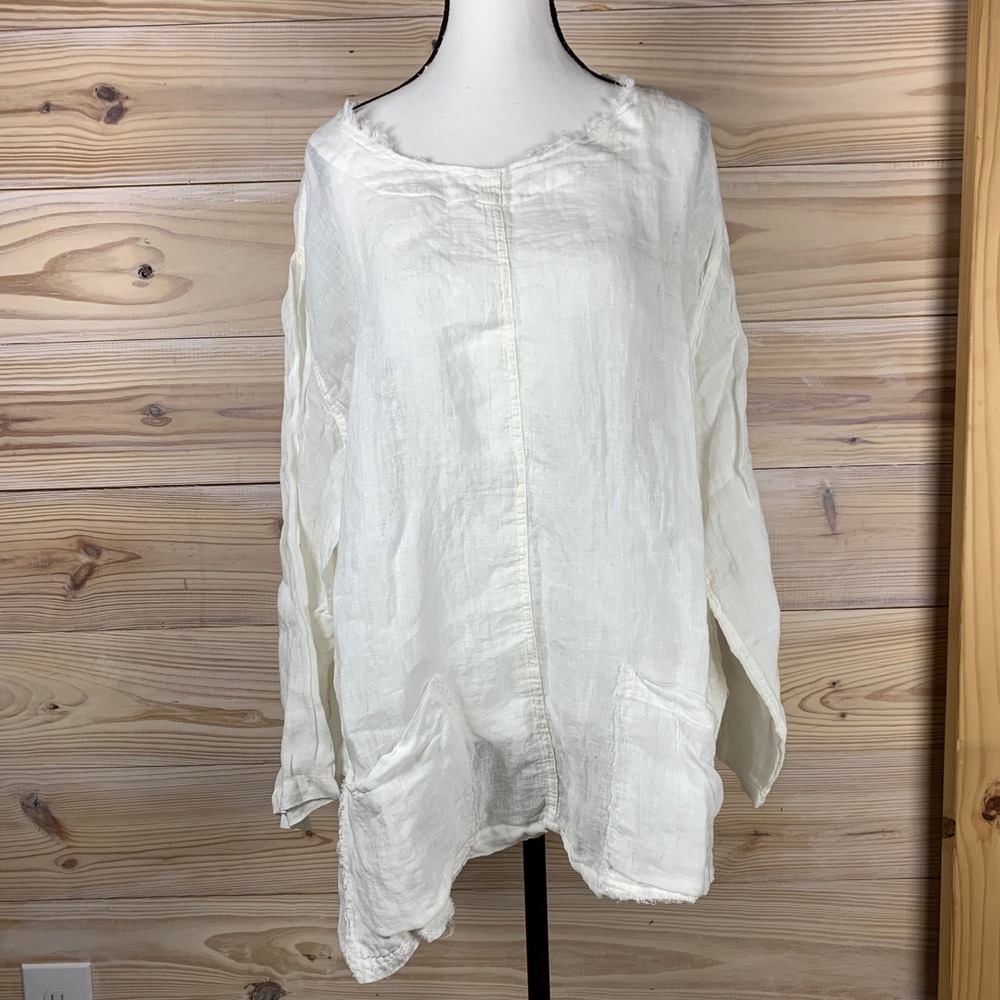 Luna Luz Tunic Top Women XS White Lagenlook Oversized 100% Linen Raw Edge Pocket